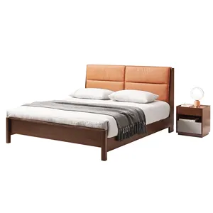 Wooden bed frame Modern simple bed with Upholstered Headboard Platform King queen size Wall Bed Solid wood bedroom furniture