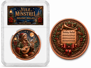 Moneda Redonda de Cobre de 1oz al por Mayor, Souvenir con Impresión UV de la Canción Navideña Yule Minstrel, Corona de Ajenjo y Lazo Rojo - Product Image 1