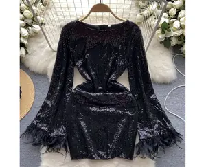 Женское роскошное черное платье с высоким воротом и длинным рукавом, с перьями и пайетками, Клубное вечернее мини-платье