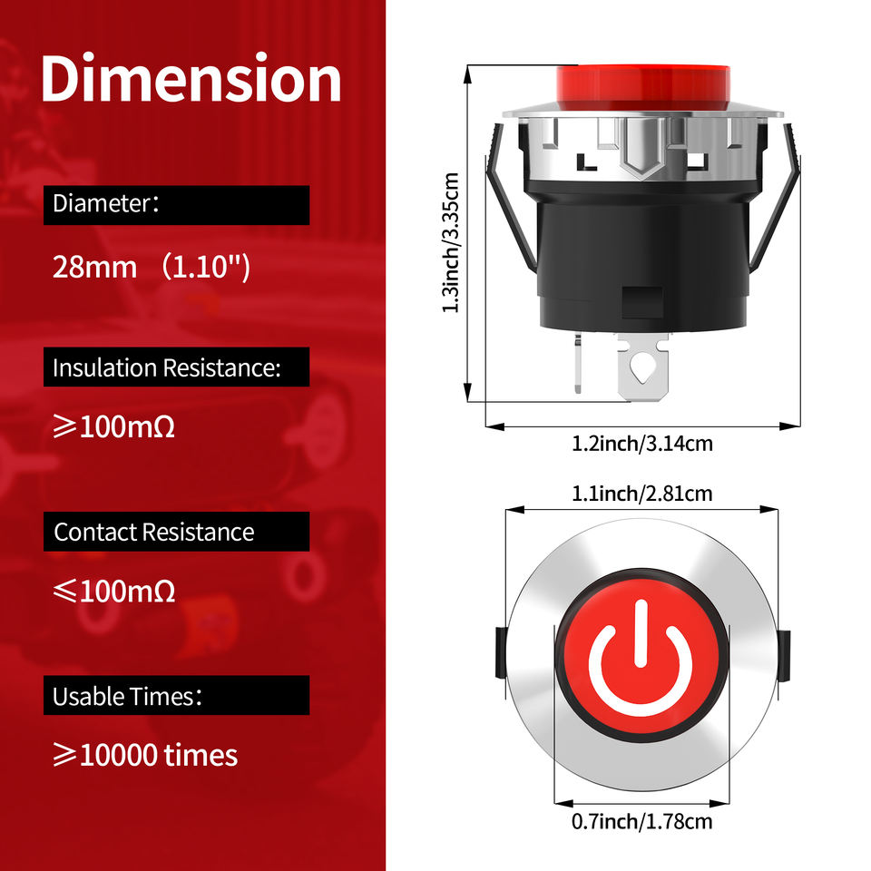 28MM 4Pin Red LED Lighted ON-OFF Push Button Switch the Power Switch Button Start Switch Accessory for Kids Powered Ride