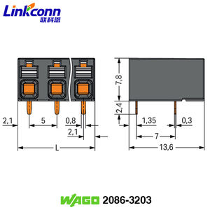 Bloques de Terminales THR para PCB, Dispositivo de Montaje en Superficie 2086-3203, Wagos de 3 Polos, Conector Negro, Pulsador, Espaciado de Pines para Soldadura de 5 mm - Product Image 2