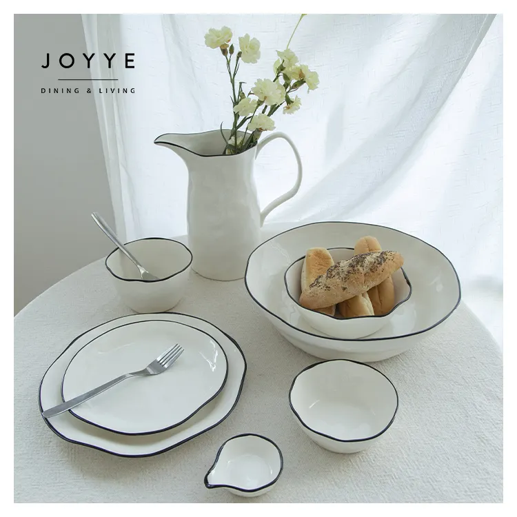 Joyye北欧手作り陶器食器セットブラックリムボーンチャイナディナープレートチャイナウェア食器