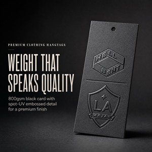 Étiquettes personnalisées noires pour vêtements, en carton épais 800 g/m², avec vernis sélectif UV et gaufrage mat, pour l'habillement et le streetwear - Product Image 3