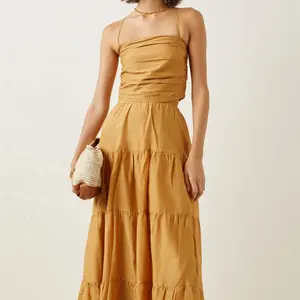 2022 Grosir Strap Kuning Ruched Cotton-Silk Crop Tanpa Cotton-Silk Maxi Skirt Set Dua Potong Kasual Wanita