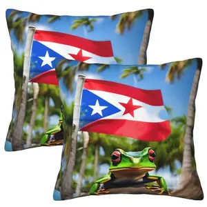 푸에르토 리코 국기 개구리 야자수 인쇄 던지기 베개 커버 베개 케이스, 내구성 있고 부드러운 소파 스타일 장식