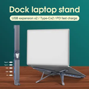 Original Factory 2USB 2TypeC 1PD Portable Aluminium Adjustable Foldable Laptop Stand With Docking Station