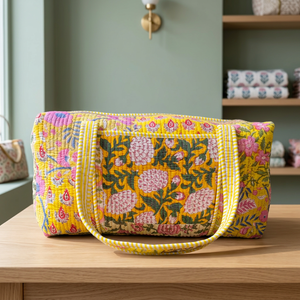 Bolsa de Viaje de Fin de Semana de Algodón Hecha a Mano, Gran Capacidad, Ecológica, Ligera, Duradera, con Cierre de Cremallera, Estampado de Bloques, Estándar - Product Image 3