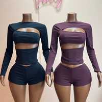 Ensemble 2 pièces sexy ajouré pour femme, couleur unie, col rond, manches longues, crop top slim et short moulant, tenues tendance