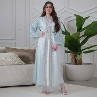 Nouvelle collection été 2026 : Ensemble 3 pièces en strass pour femme, robe longue Abaya à manches bouffantes, élégante et modeste, violette, avec ceinture, idéale pour les vacances.
