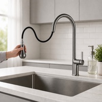 Robinet de cuisine thermostatique monocommande moderne à montage sur plan, finition brossée, avec douchette multifonction à jet, cartouche céramique et bec haut extractible