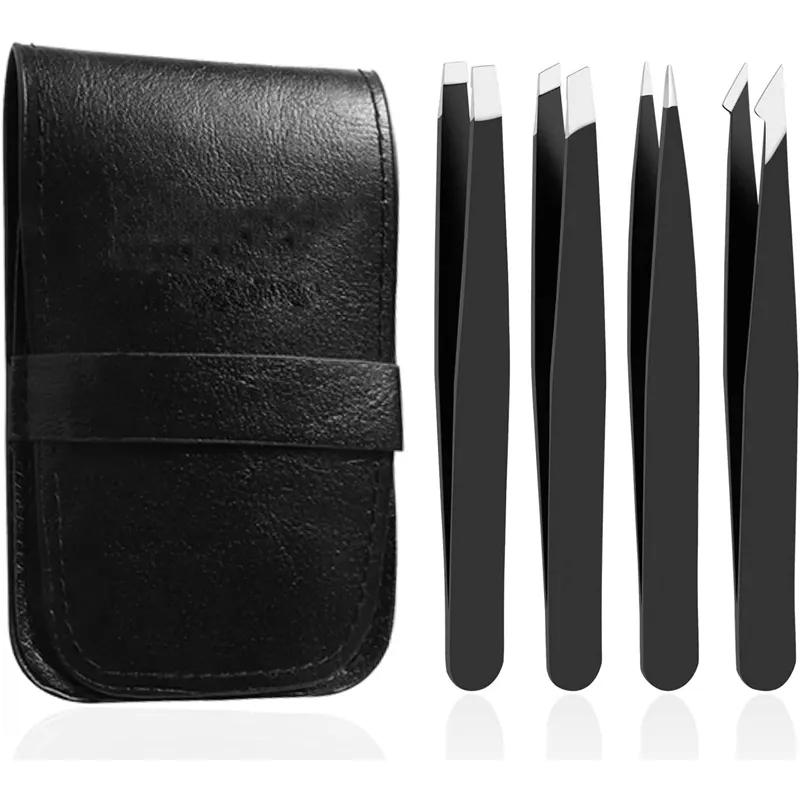 Pinset alis hitam 4 buah, set pinset alis profesional logo OEM kualitas tinggi dengan tas kulit