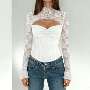 Camiseta de Manga Larga para Mujer, Estilo Francés, Sexy, con Encaje, Cuello Alto, Tejido de Malla, Ajustada, Color Sólido, Calada - Product Image 2