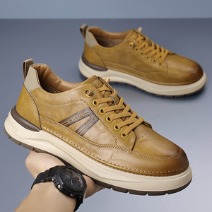Chaussures décontractées en cuir souple pour hommes, couleur kaki, talon bas, lacets avant, antidérapantes, confortables, chaussures de skate - Product Image 3
