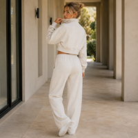 Conjunto de Dos Piezas OEM para Mujer, Sudadera Corta con Cierre de Cremallera de Algodón y Felpa Color Marfil, Pantalones Deportivos de Cintura Alta y Pierna Ancha