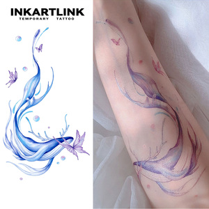 Tatouage temporaire en aquarelle, baleine, autocollant, vague bleue de la mer, papillon, art corporel pour femmes, vente en gros, tatouage factice imperméable, en vrac - Product Image 1