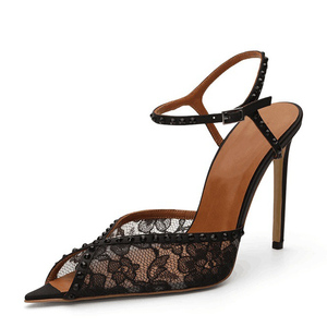 <b>Large</b> Size 45 Women Peep Toe Sandals Dress Lace Stiletto Shoes High Slim Heels Ankle Strap Rhinestone Wide Fit Pumps - Product Image 4