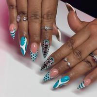 Faux ongles faits main à presser, longs, forme stiletto, nude, bleu cyan, à pois, rayés, imprimé vache, géométriques, tendance
