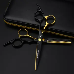 6.0 "Black gold Oblique tail Hairdressing scissors Hair clippers Flat shears Bangs clippers Teeth clippers thin