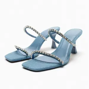 ZA Sandálias De Salto Alto Mulheres Verão Denim Azul Apontou Chaussures Femme T Strap Rhinestone Sexy Ladies Outdoor Chinelos De Salto Fino