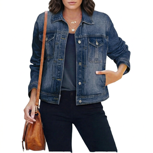 Chaqueta Vaquera para Mujer, Manga Larga, Cierre de Botones, Color Sólido, Estilo Casual, Algodón Lavado, Estilo Otoñal - Product Image 1
