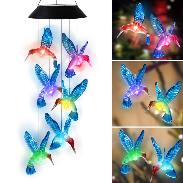 Solar Green Hummingbird LED Wind Chimes IP65 Waterproof Stainless Steel Garden Path Outdoor Decor Birthday Memorial Gifts Light