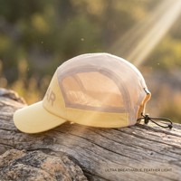 Casquette de camping beige 5 panneaux 4UGEAR avec impression personnalisée, calotte en maille, cordon élastique, visière incurvée, légère et respirante, pour hommes et femmes