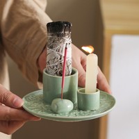 Support de bougie en céramique pour aromathérapie, style bougie au beurre simple, décoration d'ambiance nordique, cadeau en bois sacré de sauge