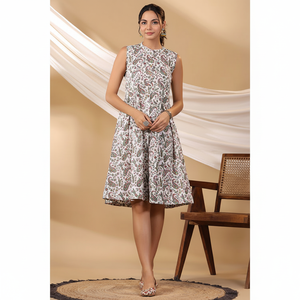 Vestido Midi de algodón para mujer, ropa de calle de verano con estampado de bloques y decoración de botones únicos, cintura tejida y natural sostenible - Product Image 1