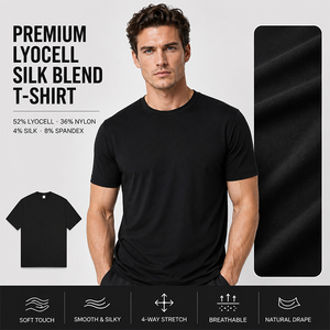 T-shirt à col rond pour homme, mélange de lyocell et de soie de qualité supérieure, toucher doux, extensible dans 4 directions, tombé naturel, manches courtes, haut décontracté élégant - Product Image 1