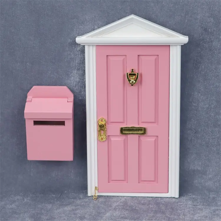 miniatures Doll house Wood Fairy Door Painted Exterior Door 4 Panel with Hardware Pink