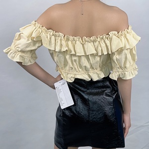 OEM Women's New Fashion Elastic <b>off</b> <b>Shoulder</b> Short Sleeve <b>Ruffle</b> Drawstring Crop <b>Top</b> Sexy <b>Top</b> Blouse - Product Image 3