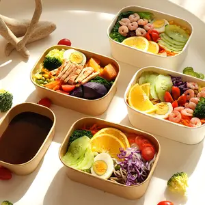 Ready Bulk 500ml 650ml 750ml 1000ml Kraft Paper Material Food Container Box Rectangular Disposable Square Bowls With Lid