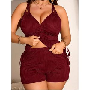 FOXA Women's 2 Piece <b>Plus</b> <b>Size</b> <b>Tankini</b> Set Ribbed Knit Halter High Waisted Shorts Bathing Suit - Product Image 4