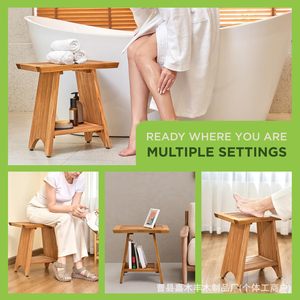 Tabouret de douche en teck avec étagère de rangement, siège de bain en bois antidérapant pour salle de bain - Product Image 4
