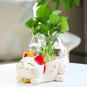 Lucky Cat Resin Planter With Water Vase For Home Desk Decoration - Product Image 1