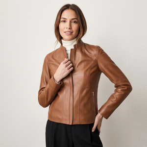 Classic <b>Womens</b> Brown Real Leather Moto <b>Jacket</b> Stand Collar Full Zip Slim Fit Side Pocket Premium Female Outerwear Leather <b>Jacket</b> - Product Image 1