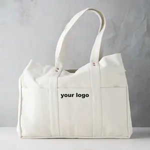 Sac de plage en tissu de coton naturellement recyclable avec impression personnalisée LOGO Sac fourre-tout en toile multi-poches à bandoulière Sac à main