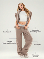Ensemble de survêtement pour femme avec sweat à capuche et pantalon large à taille élastiquée et poches latérales, fabriqué en usine par la marque Cut and Sew Manufacturer