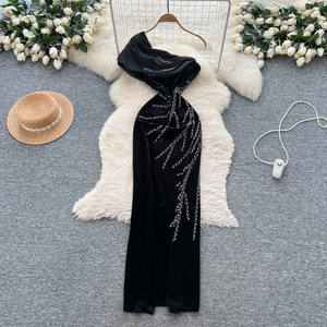 <span class=keywords><strong>Abito</strong></span> estivo elegante monospalla tunica <span class=keywords><strong>abito</strong></span> <span class=keywords><strong>Midi</strong></span> Casual da donna stile impero Patchwork di <span class=keywords><strong>velluto</strong></span> arruffato Vestidos - Product Image 2