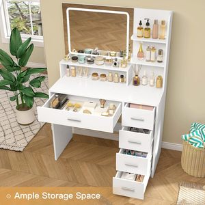 FIONESO Ahşap Makyaj Masası Aynası Işıkları Makyaj 5 Çekmeceli 3 Depolama Rafı 3 Renk Modu Ayarlanabilir Parlaklık Tuvalet Masası - Product Image 3