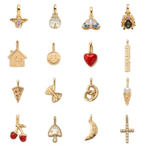 Breloques en laiton doré E791, série alimentaire mignonne (cerise, <span class=keywords><strong>pizza</strong></span>, champignon, pain), pendentifs en émail et zircon pavé, forme d'arc croisé, pour DIY - Product Image 2