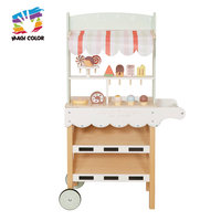 Chariot à glaces en bois avec sucettes glacées, cornets et pâtisseries factices, chariot à desserts roulant pour jeu d'imitation pour enfants W10A273
