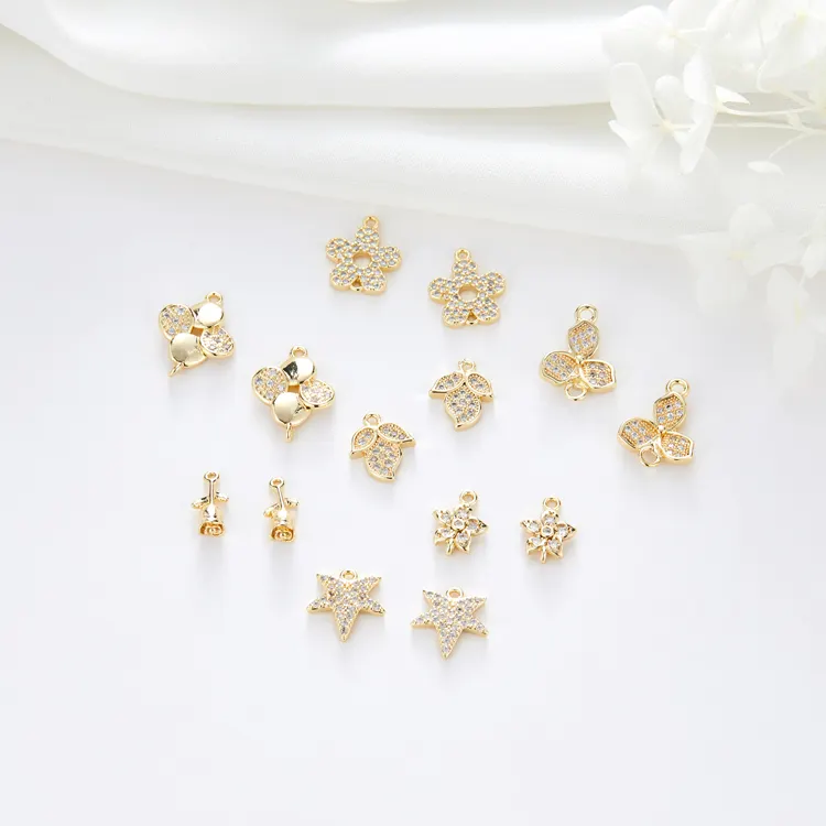 Diy Jewelry Accessories Brass 14K Gold Plated CZ Zircon Small Flower Charms Hanging Connector Charms for jewellery making