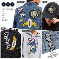 Écusson personnalisé HMJ, effet broderie 3D, logo en silicone TPU, étiquette thermocollante pour vêtements et accessoires.