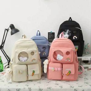 <b>Backpack</b> School 2024 <b>Canvas</b> Waterproof Solid Color Five-Piece Schoolbag Fresh Sweet Bear Large-Capacity <b>Backpack</b> - Product Image 2