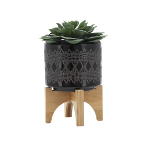 Vaso in ceramica moderno con supporto in bambù per uso interno ed esterno, vaso decorativo rotondo per piante - Product Image 3