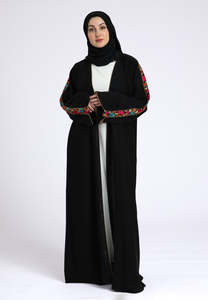 Kimono musulman modeste à devant ouvert avec broderie colorée, Kaftan islamique de Dubaï, style ethnique, Abaya noire - Product Image 3