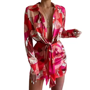 Verão Mini Vestido Europa e América Sexy das mulheres Lapela Digital Print longo-Sleeved Profundo Decote em V Slim Fit camisa vestido Feminino