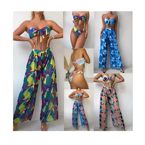 Wholesale 3 Pieces Women Tie Front Bikini Set With Beach Pants Bandeau Top Swimwear Female Printed Swimsuit Sexy Bathing Suit