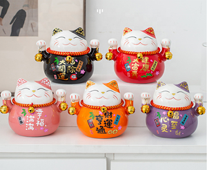 Figurine japonaise en porcelaine de 4,5 pouces prête à être expédiée, cadeau <span class=keywords><strong>Maneki</strong></span> <span class=keywords><strong>Neko</strong></span> <span class=keywords><strong>noir</strong></span> et rouge, <span class=keywords><strong>chat</strong></span> porte-bonheur en céramique - Product Image 5